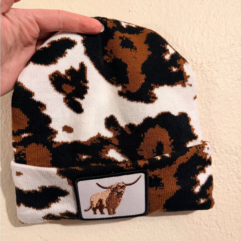 Brown and Black Beanie with Highland Cow Patch